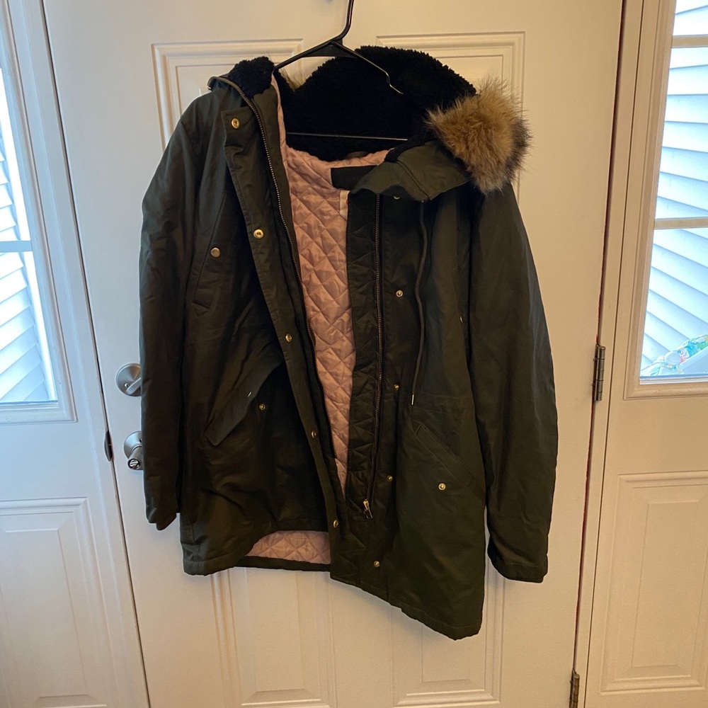 J. CREW Green Winter Coat with Pink Lining